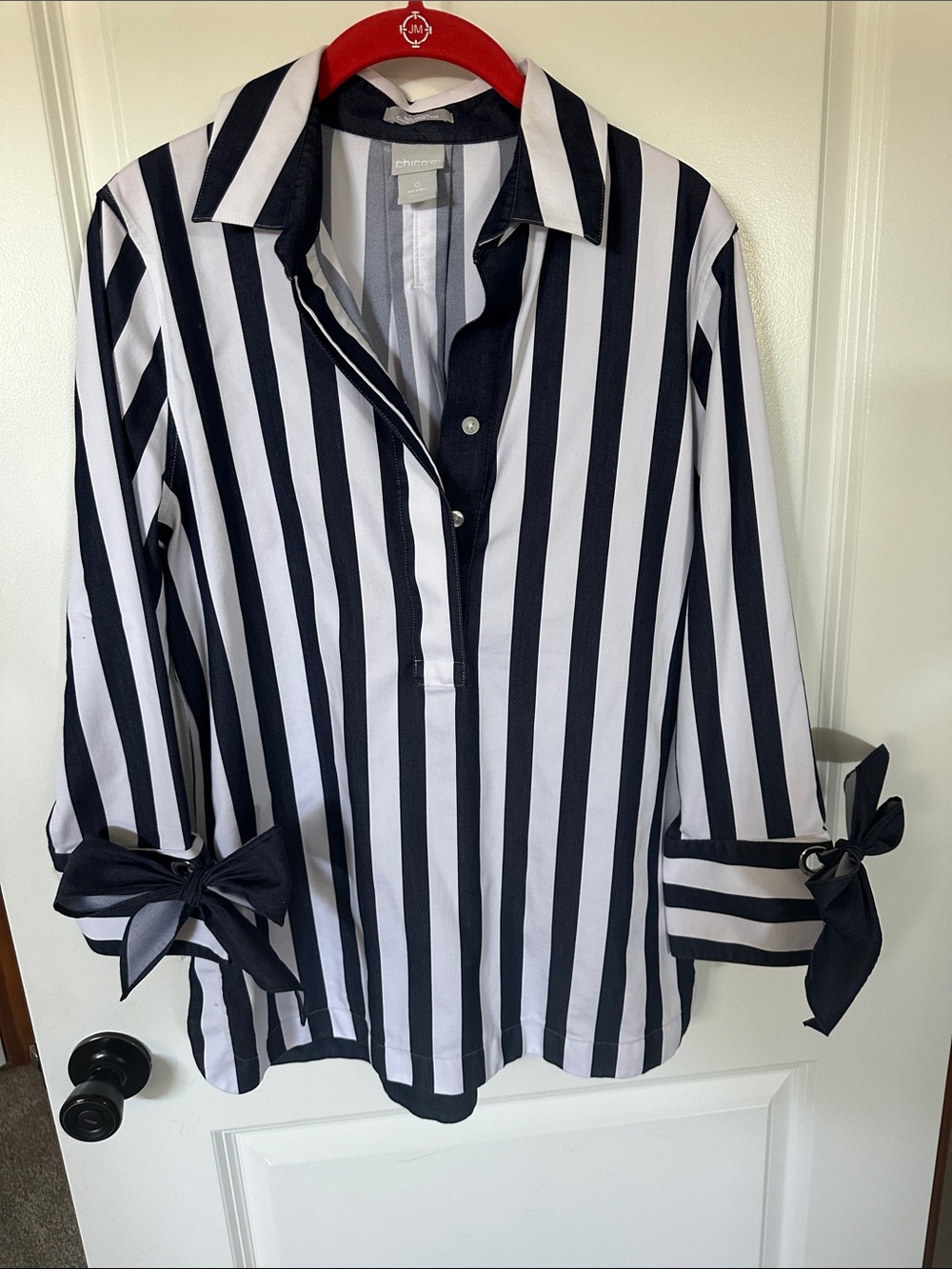 Chico's navy (denim-look) and White Vertical Stripe Bow-Cuff Blouse/tunic.